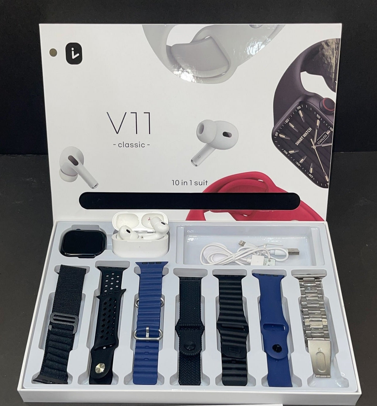 V11 Smart Watch Classic 10-in-1 Bundle with AirPods